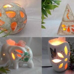 cuencos blancos con sal completos con sal cable y lamparita